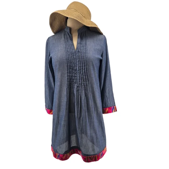 Velzera Chambray Denim Tunic Dress Blue Embroidered Boho Small - Picture 2 of 8